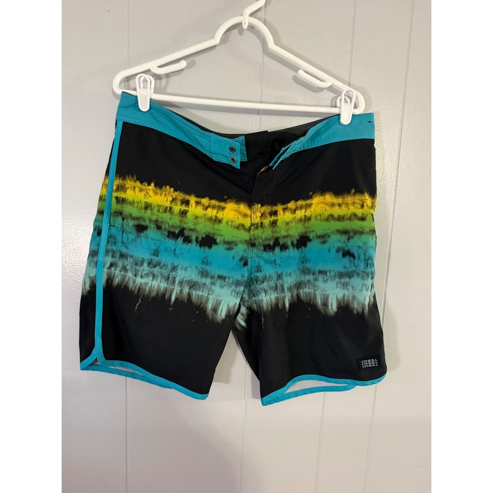 O'Neill Board Shorts Mens 33 Black Yellow Blue Tie Dye Cruzers Swim Trunks